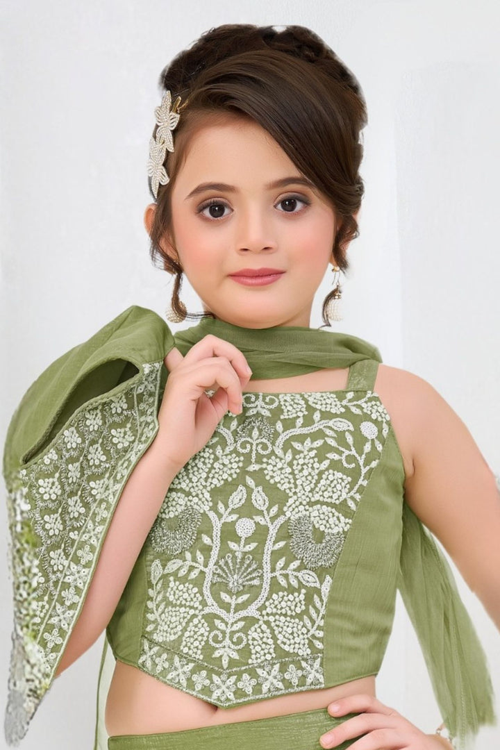 Pista Green Thread, Zari and Sequins work Jacket Styled Palazzo Set For Girls