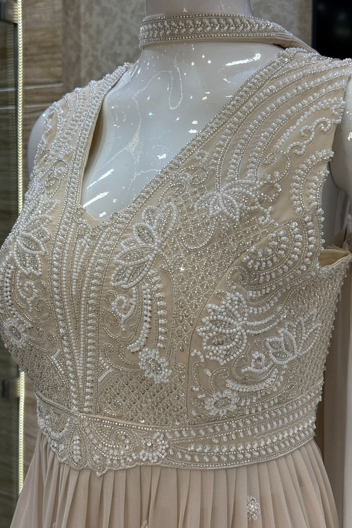 Beige Beads, Sequins and Thread work Peplum Top with Sharara Suit Set