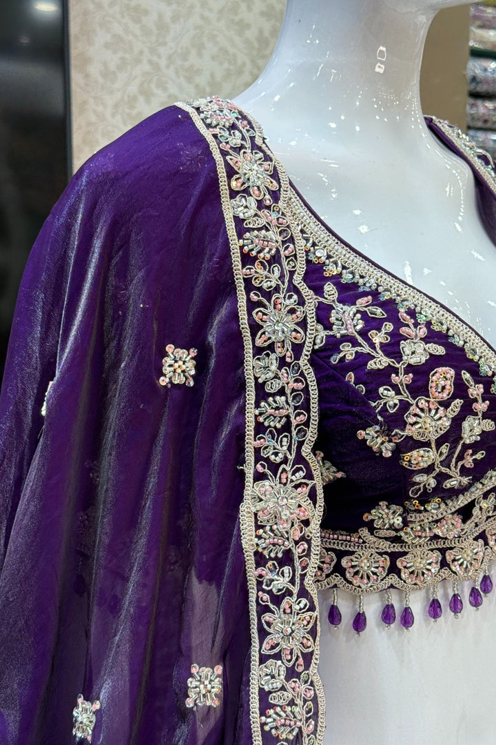 Purple Beads, Zari, Thread and Sequins work Crop Top Bridal Lehenga