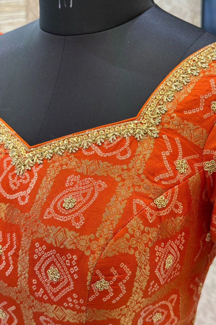 Orange with Cream Banaras, Zardozi, Sequins, Beads and Zari work Crop Top Lehenga