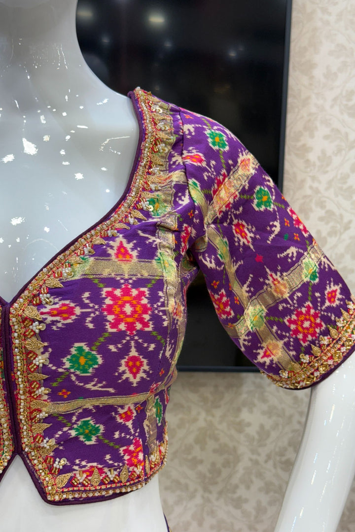 Mustard Saree with Purple Beads, Zari and Sequins work with Pochampally Print Blouse