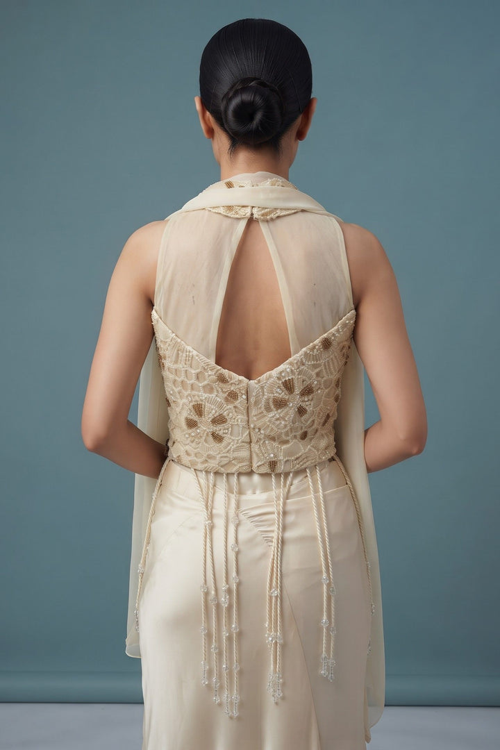 Cream Indo-Western Styled Beads, Sequins and Thread work Top and Cowl Skirt