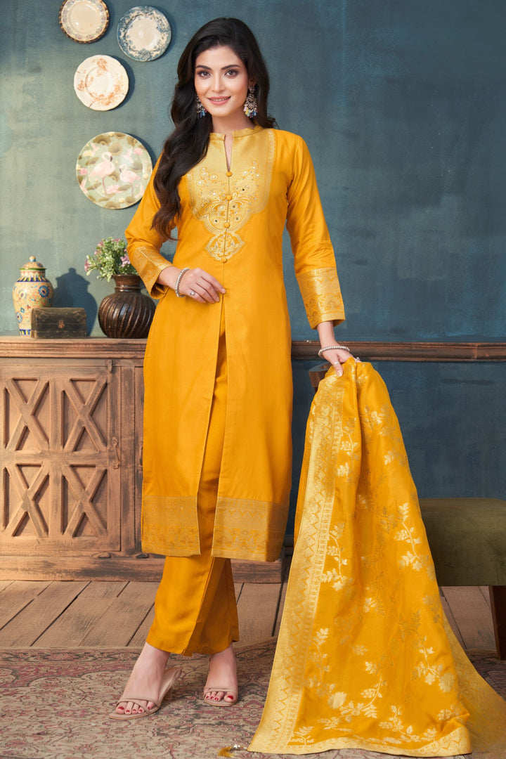 Yellow Straight Cut Salwar Suit with Stone, Mirror and Banaras work