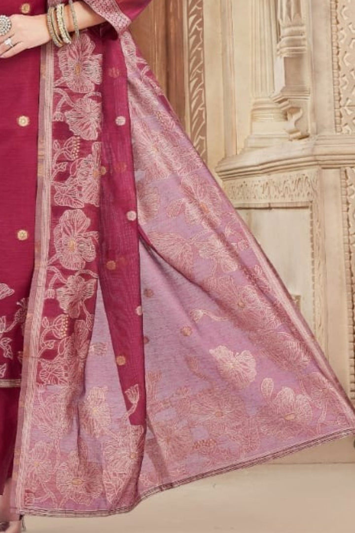 Magenta Zardozi, Sequins, Beads and Banaras work Straight Cut Salwar Suit