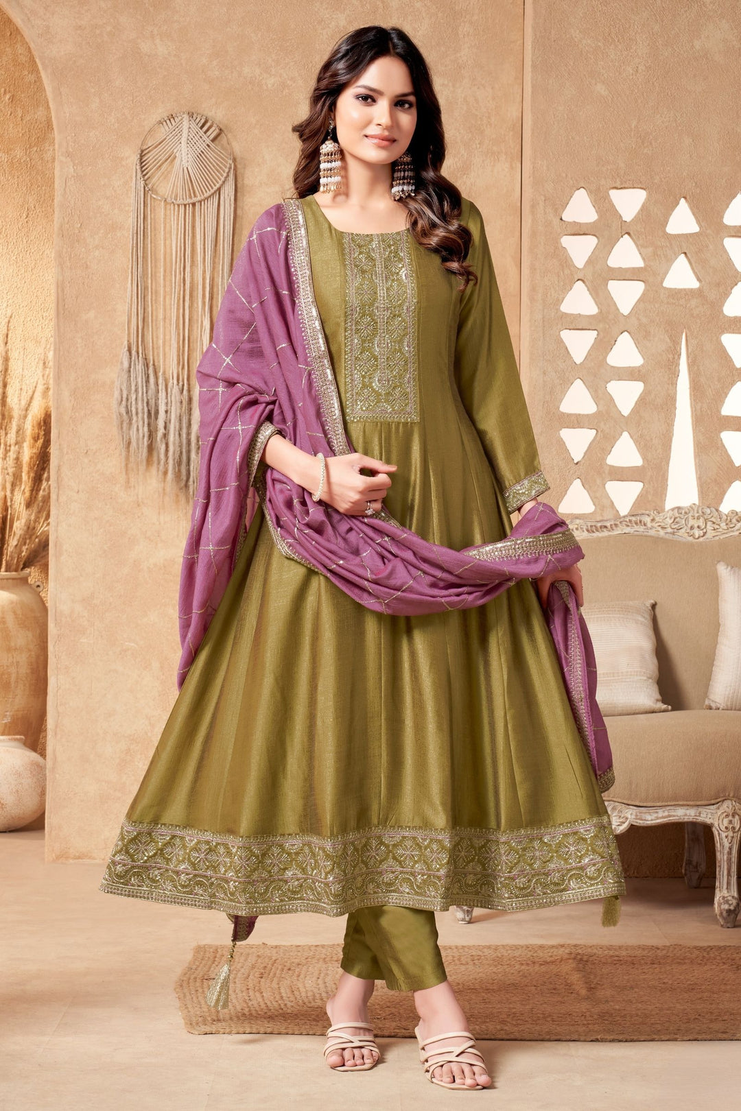 Mehendi Green Sequins, Beads and Zari work Anarkali Style Salwar