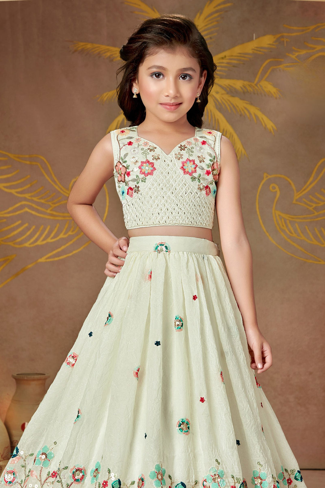 Cream Multicolor Embroidery, Sequins and Beads work Lehenga Choli for Girls