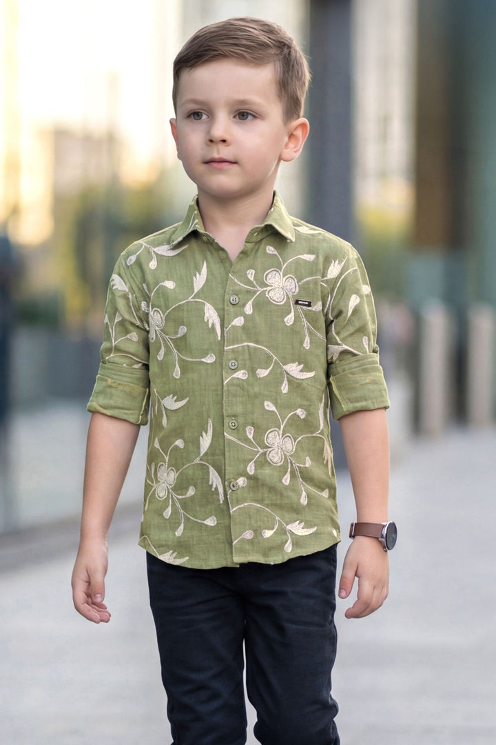 Green Embroidery work Shirt and Navy Blue Pant Set for Boys