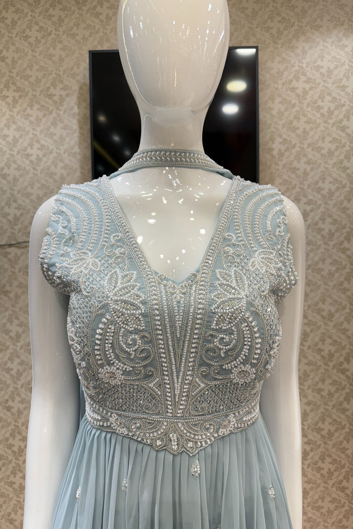 Sky Blue Beads, Sequins and Thread work Peplum Top with Sharara Suit Set