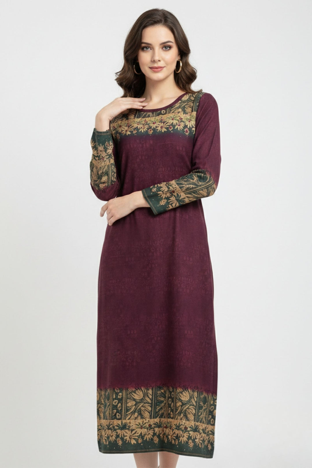Wine Mirror and Zari work with Digital Print Calf Length Kurti
