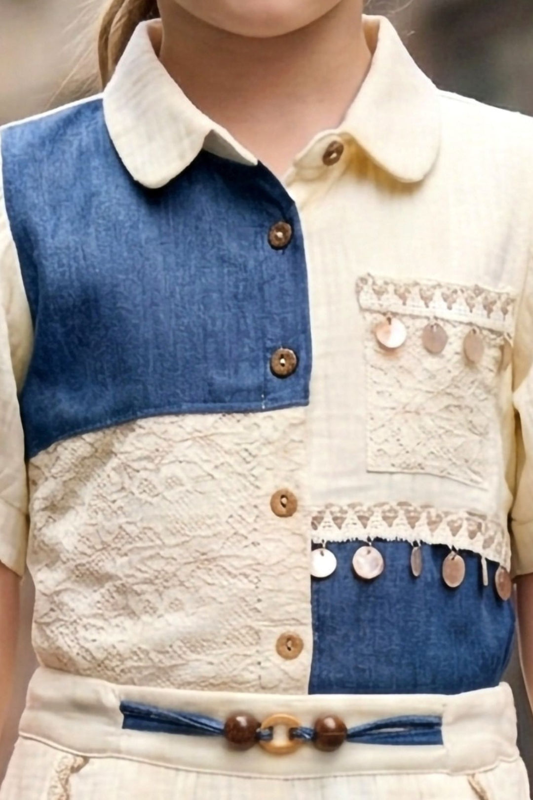 Cream with Blue Lace work Top and Palazzo Set for Girls