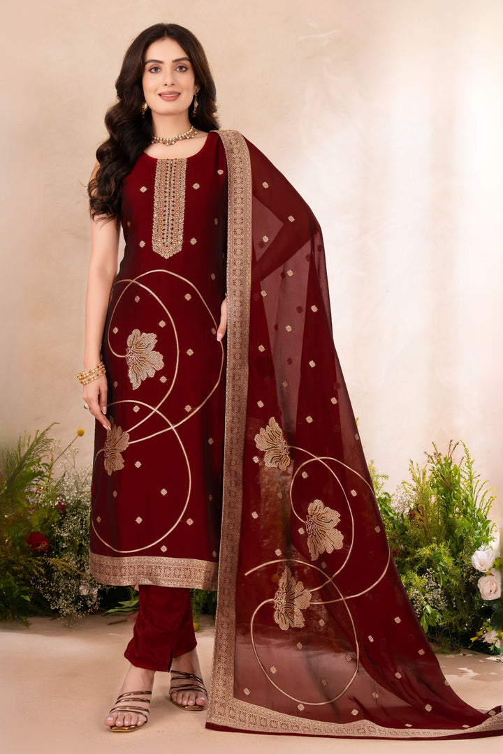 Maroon Banaras, Beads and Sequins work Straight Cut Salwar Suit
