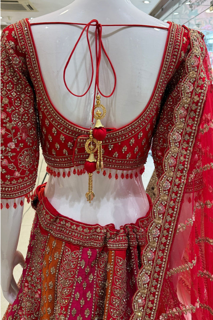 Red Zari, Stone and Embroidery work Crop Top Designer Bridal Multicolor Lehenga