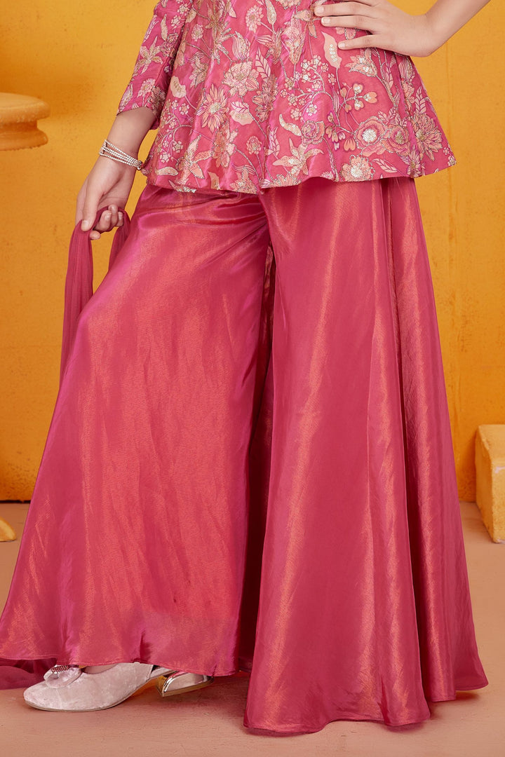 Pink Zari, Sequins, Mirror, Zardozi and Stone work with Digital Print Palazzo Suit Set for Girls