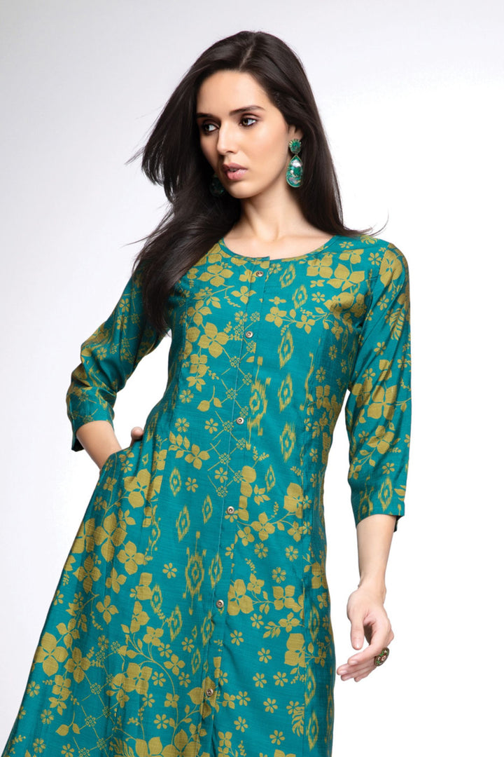 Green Digital Print Aline Cut Calf Length Kurti