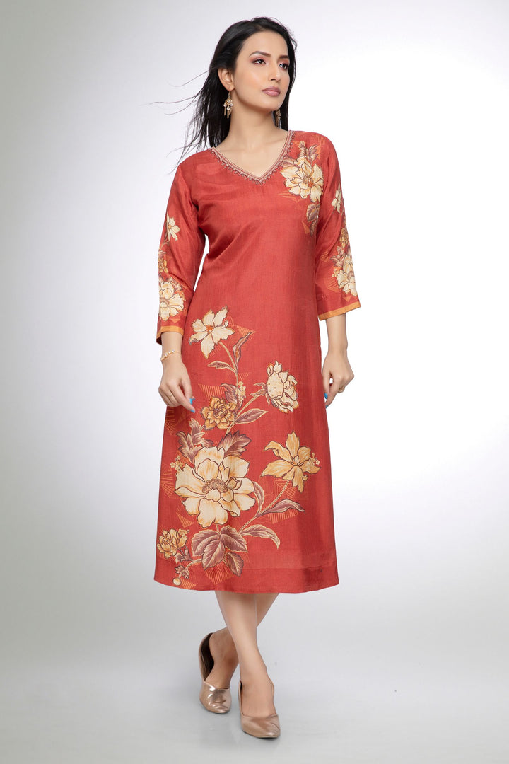 Brick Red Beads and Sequins work with Floral Print Calf Length Kurti