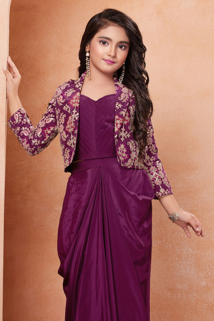 Wine Sequins and Zari Thread work Jacket Styled Choli with Cowl Skirt for Girls