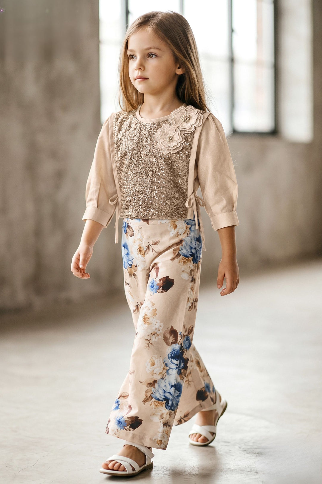 Girls Sequins Embellished Knot-Tie Jacket with Floral Palazzo Pant Set