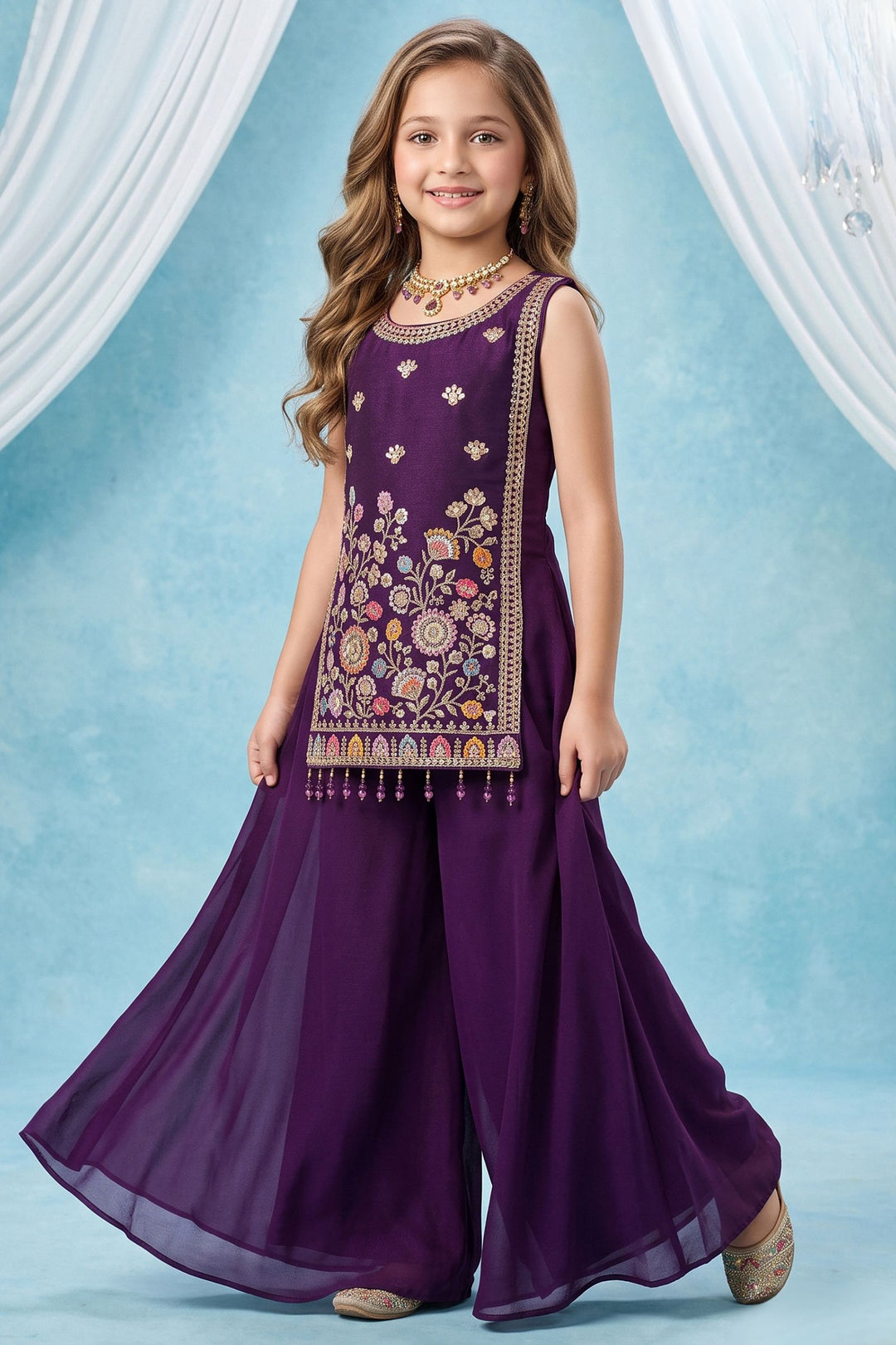 Wine Sequins, Embroidery and Beads work Palazzo Suit Set for Girls