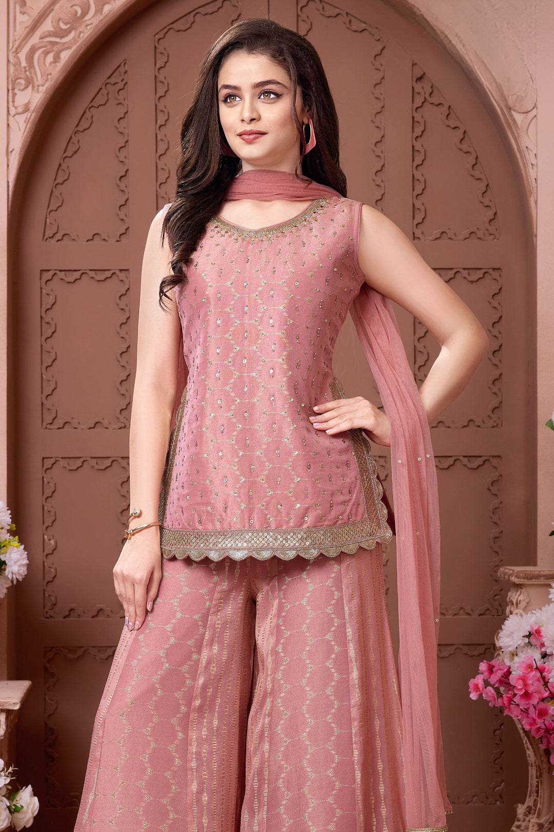 Peach Sequins, Zari, Zardozi and Beads work Palazzo Suit Set for Girls