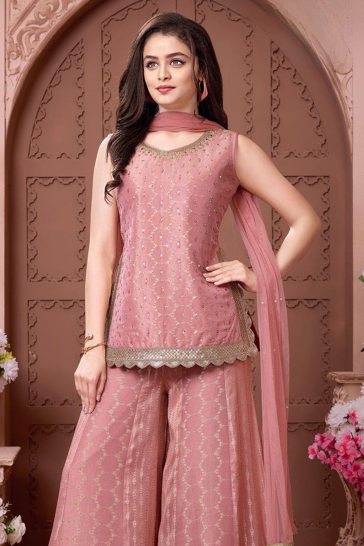 Peach Sequins, Zari, Zardozi and Beads work Palazzo Suit Set for Girls
