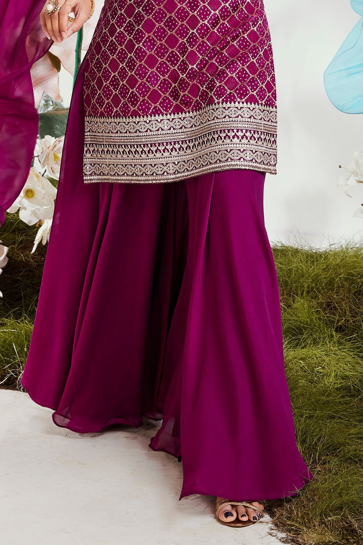 Wine Banaras, Zari and Sequins work Palazzo Salwar Suit