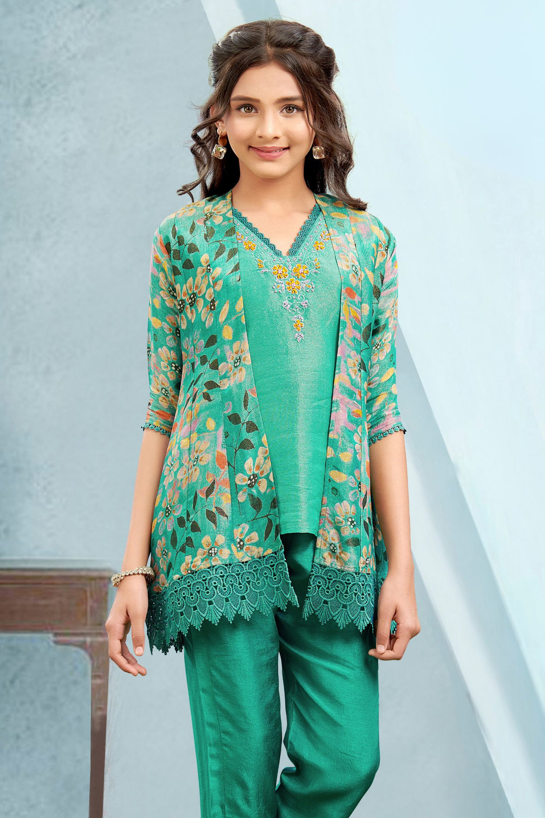 Rama Green  Zari Weaving with Digital Print Overcoat Salwar Suit for Girls