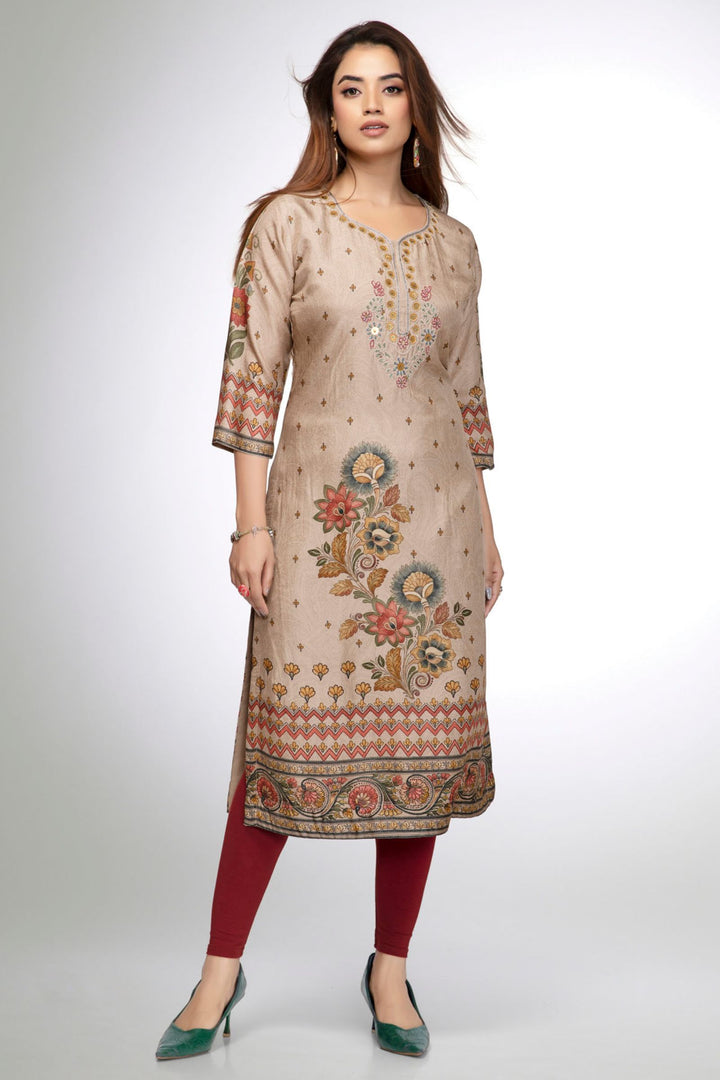 Beige Printed Floral Kurta with Embroidered Neckline