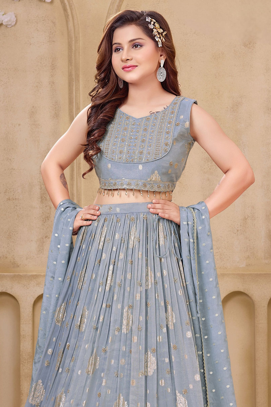 Light Grey Beads, Zari and Sequins work Lehenga Choli for Girls