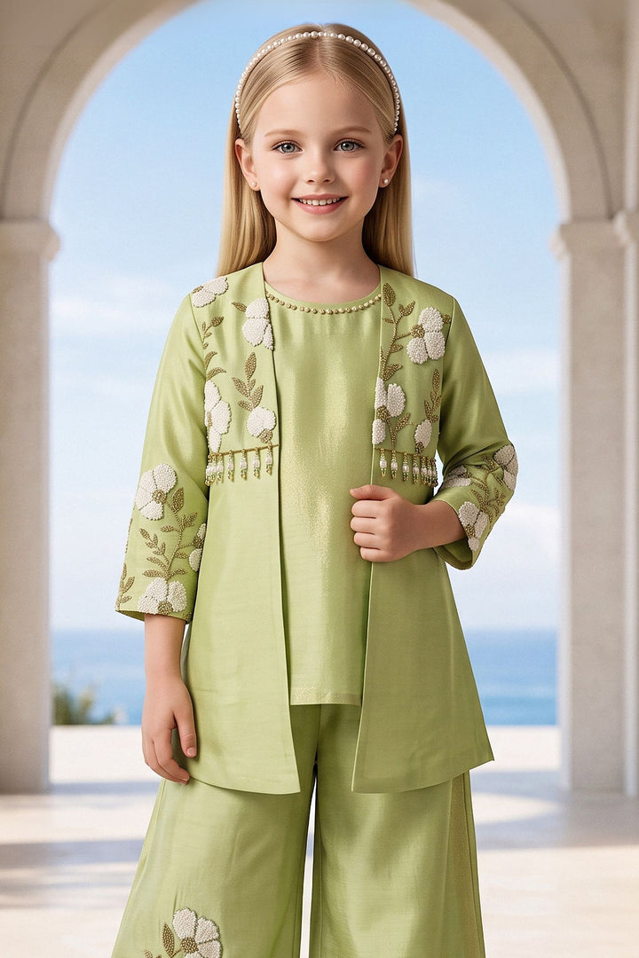 Pista Green Beads, Zari and Thread work Jacket Styled Palazzo Set for Girls