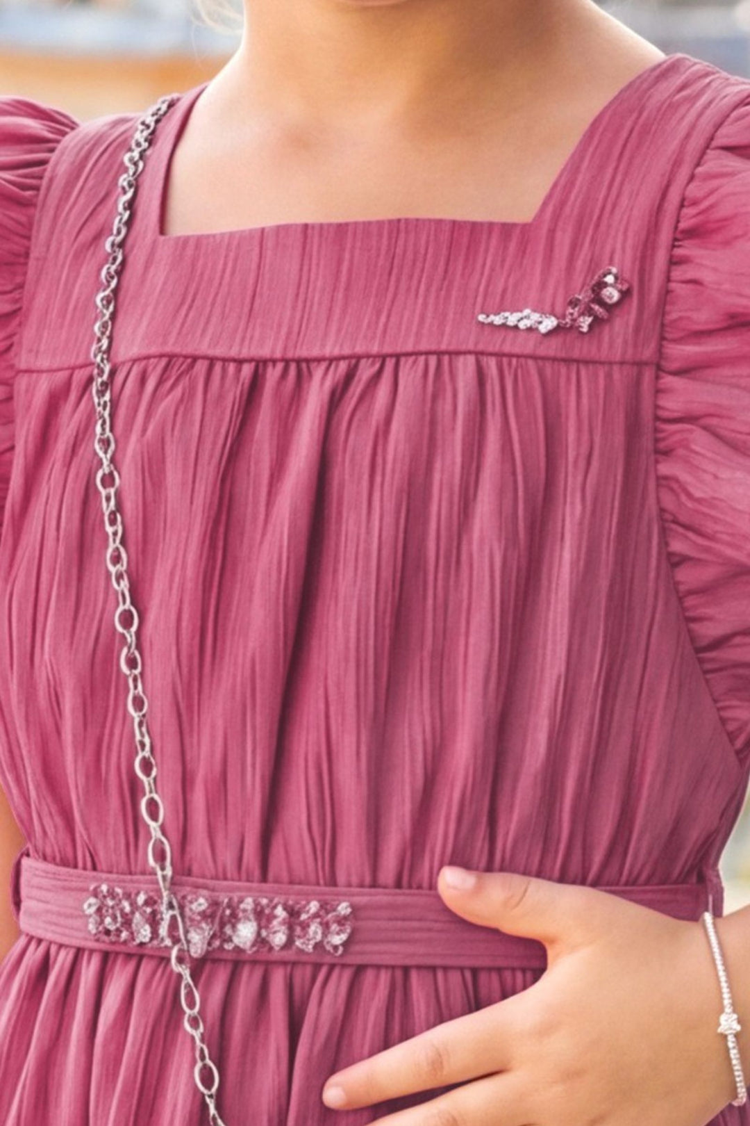 Coral Pink Stone work Short Frock For Girls with Belt