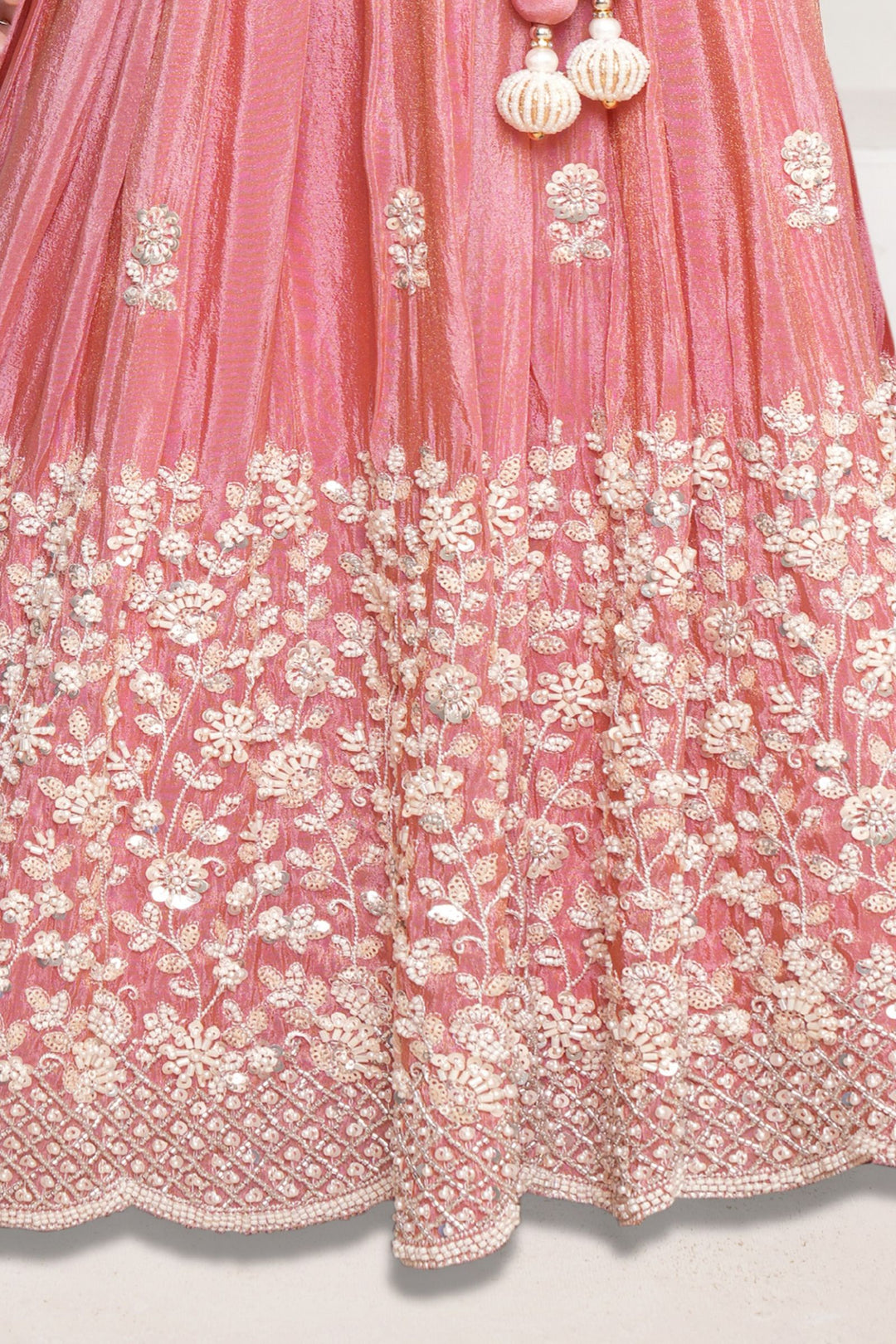 Peach Beads, Sequins and Thread work Lehenga Choli for Girls