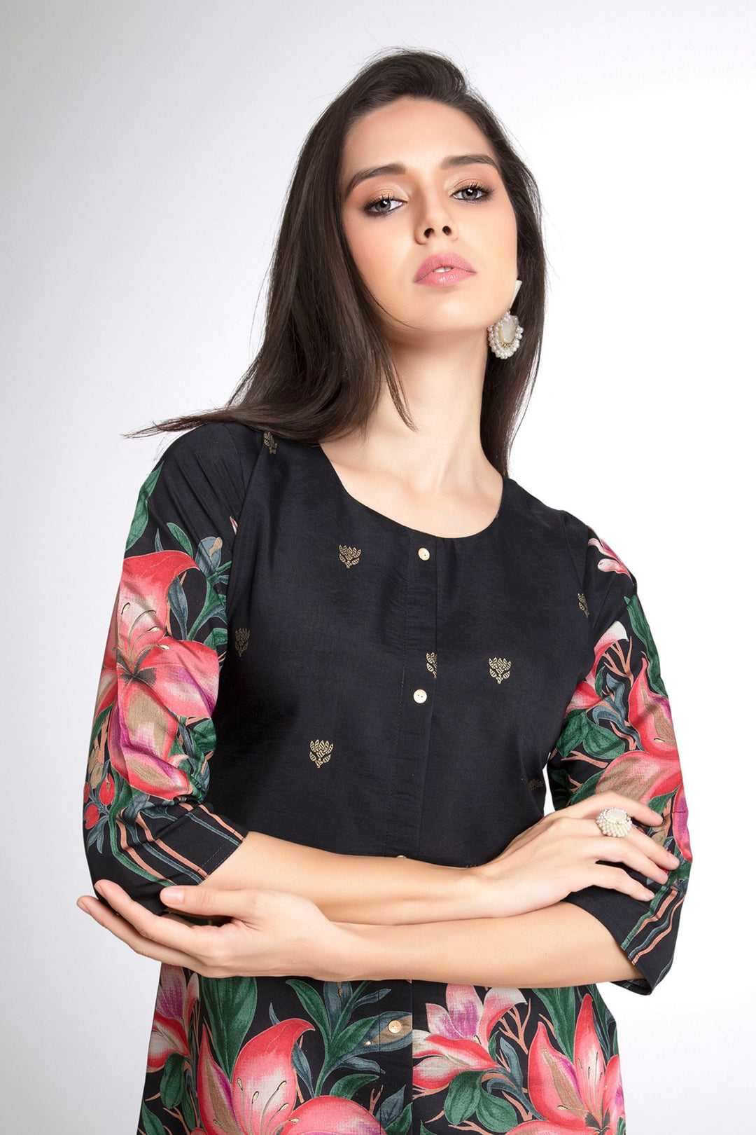 Black Floral Print Short Kurti