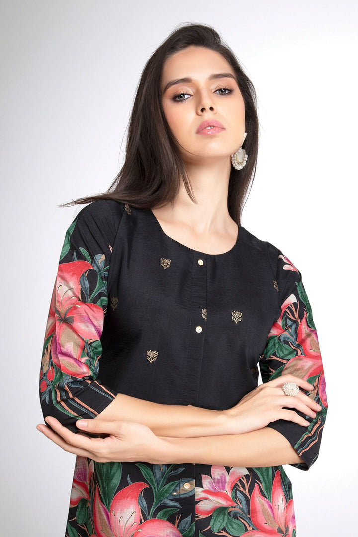 Black Floral Print Short Kurti