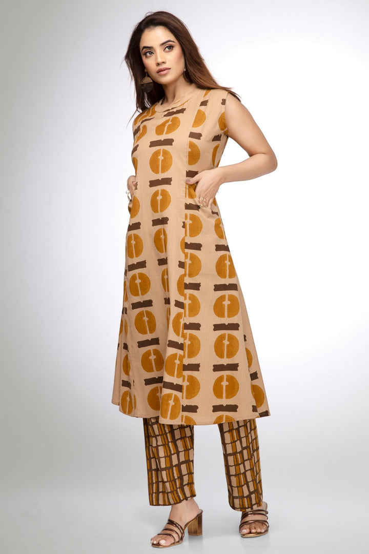Beige Abstract Print Straight Kurta Set