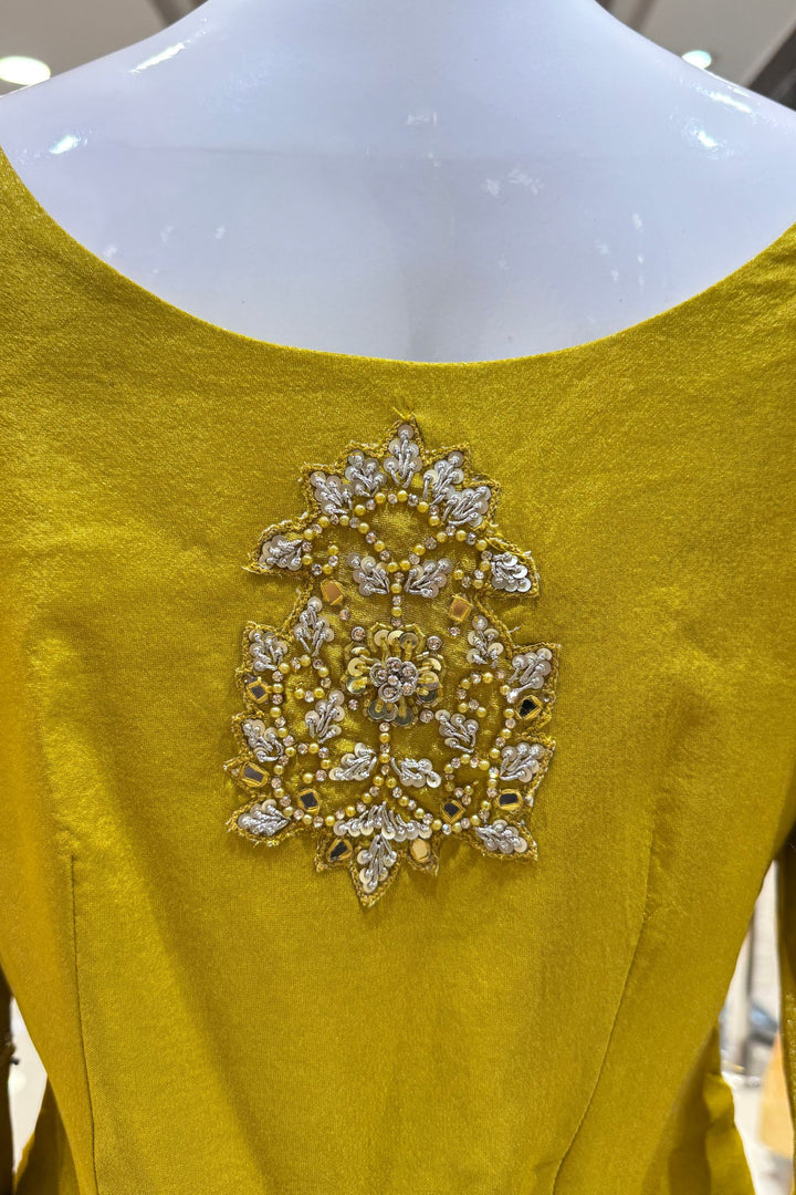 Yellow Mirror, Stone, Sequins, Zari, Beads and Banaras work Top with Lehenga