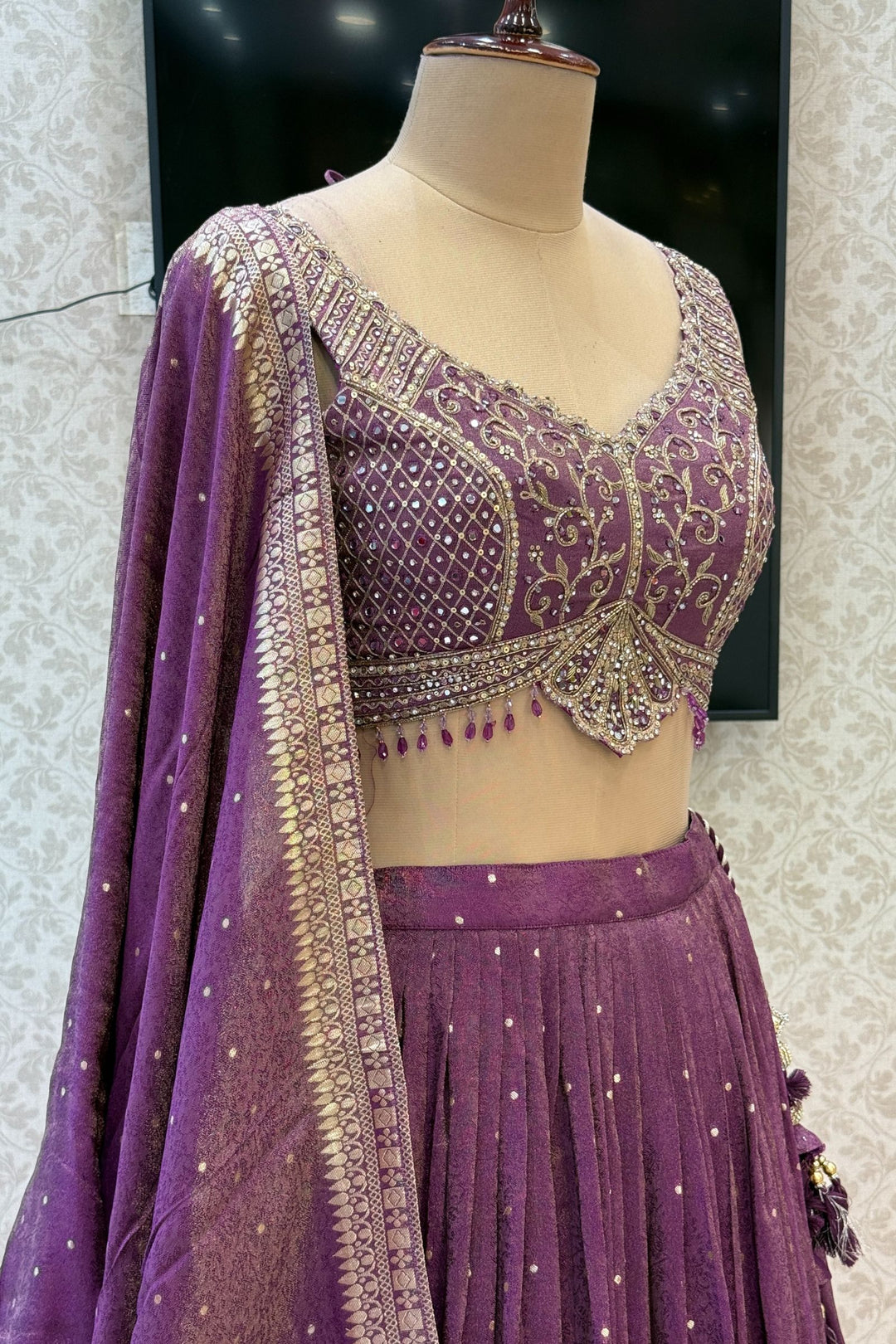 Purple Mirror, Stone, Beads, Zardozi, Zari, Sequins and Banaras work Crop Top Lehenga