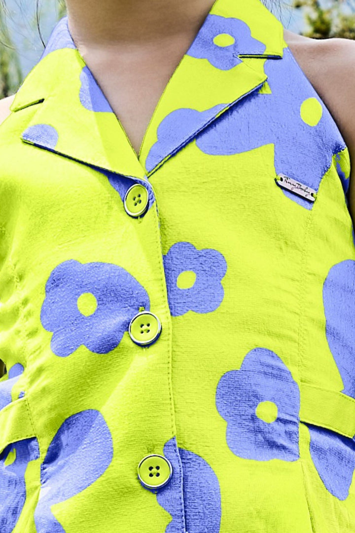 Neon Green Printed Short Frock For Girls