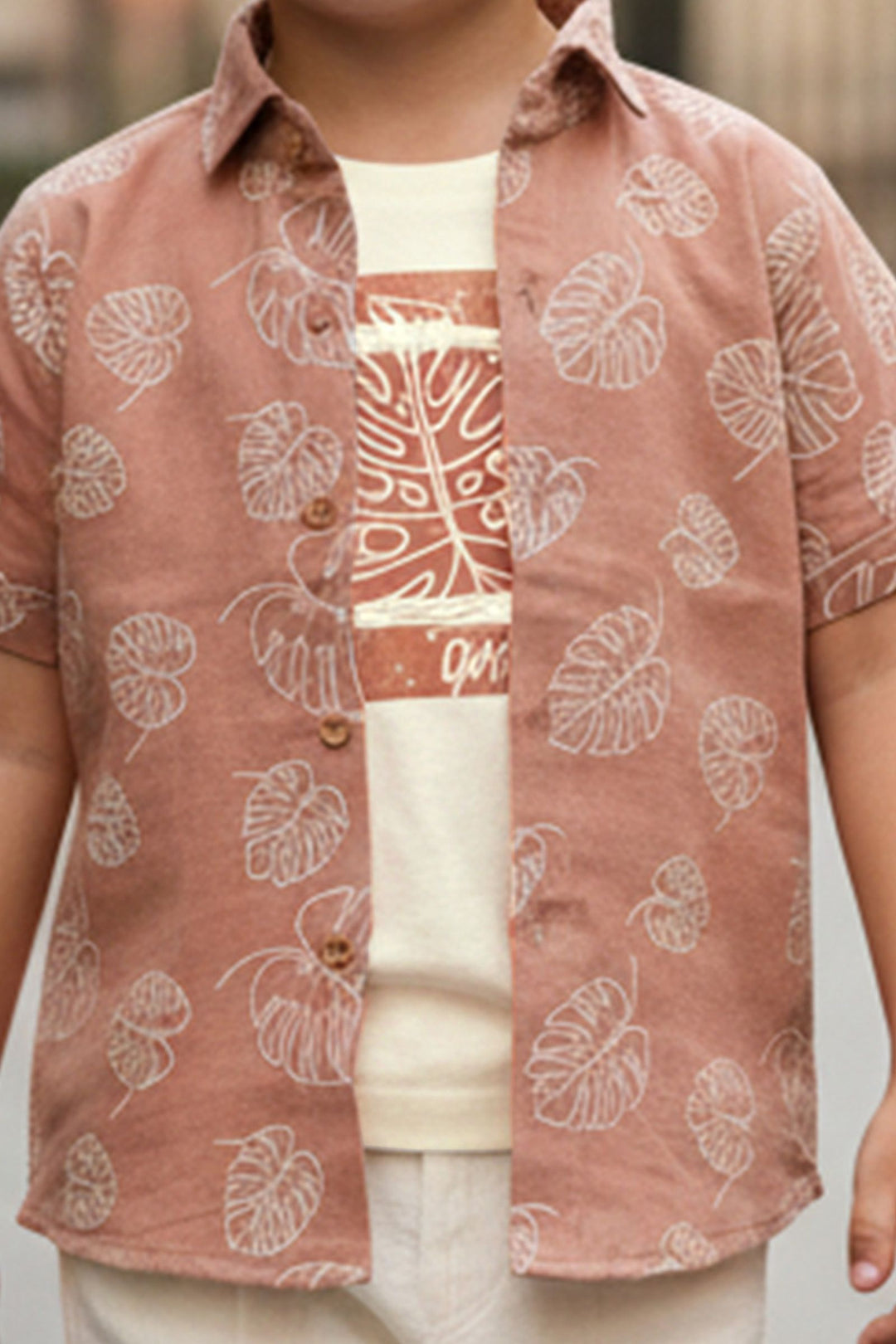 Cream with Dusty Rose Blazer, Printed T-Shirt and Shorts Set for Boys