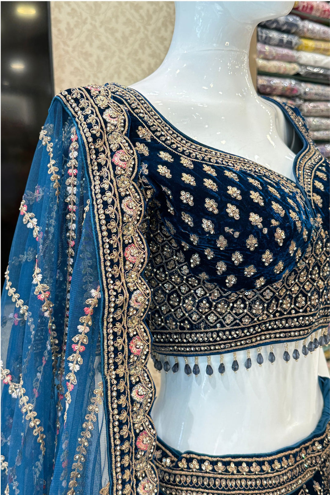 Peacock Blue Zardozi, Beads and Embroidery work Crop Top Designer Bridal Lehenga