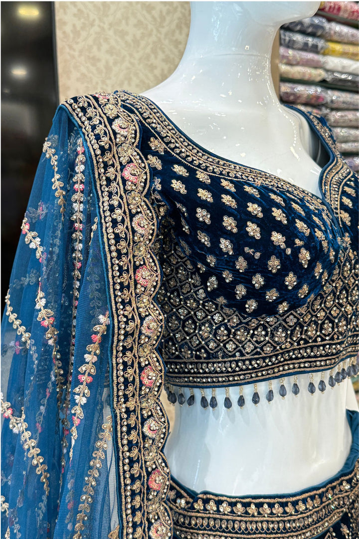 Peacock Blue Zardozi, Beads and Embroidery work Crop Top Designer Bridal Lehenga