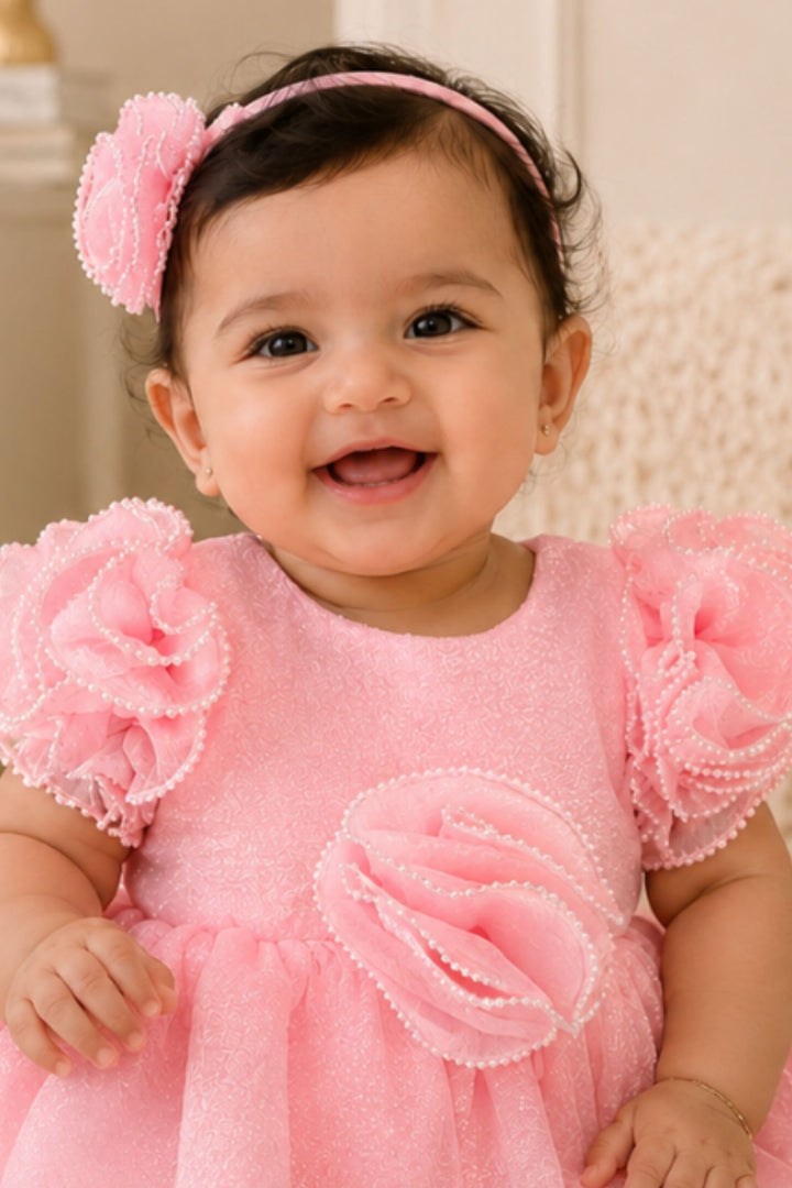 Baby Pink Blushing Ruffle Sleeve Partywear Short Frock for Girls