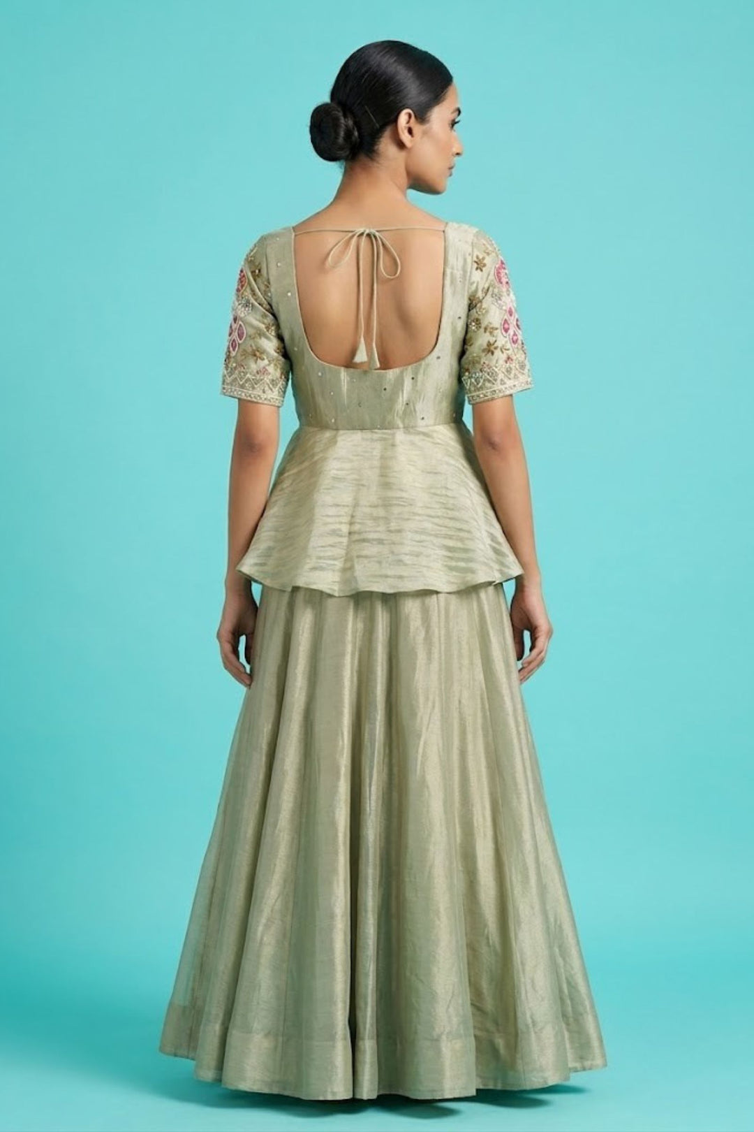 Sea Green Beads, Zardozi, Sequins and Multicolor Thread work Peplum Style Lehenga
