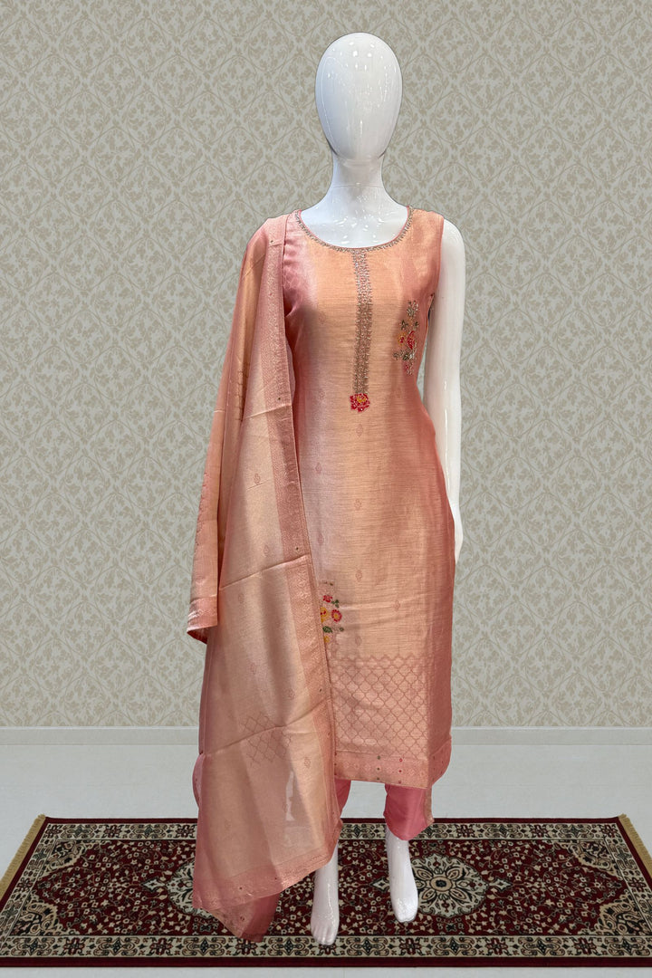 Peach Banaras, Beads, Stone, Sequins and Zardozi work Straight Cut Salwar Suit