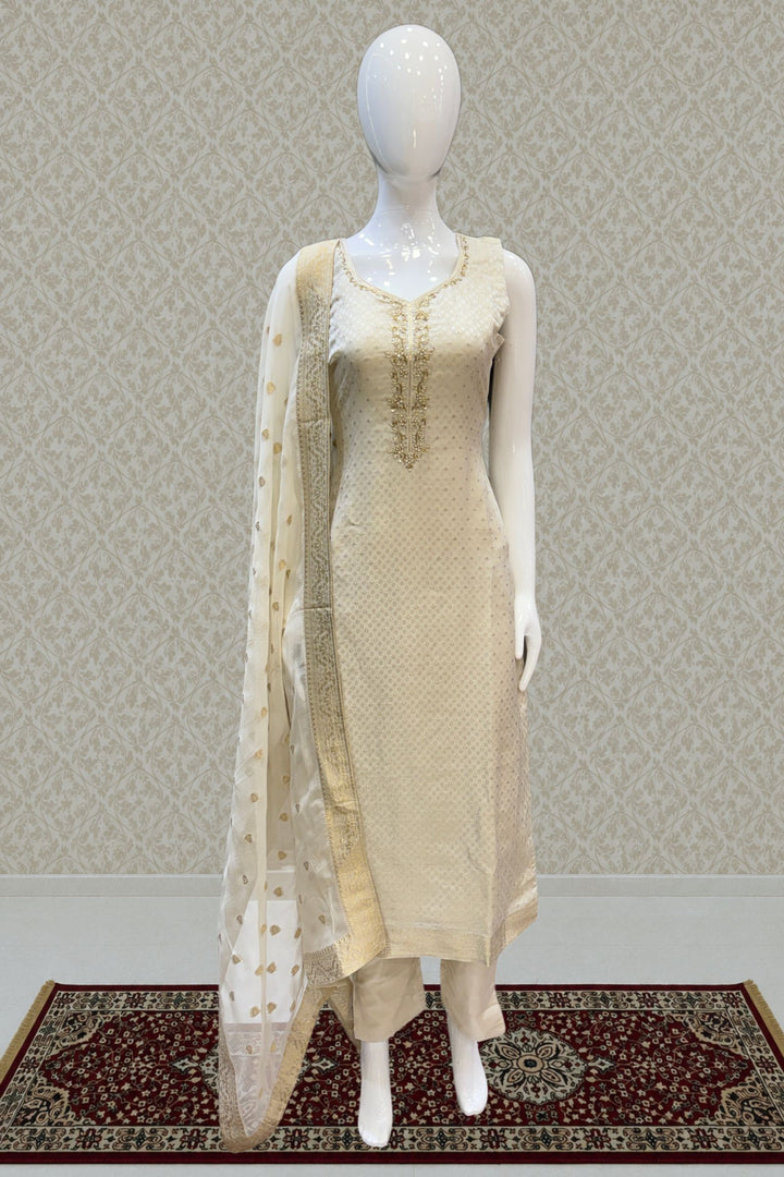 Cream Beads, Zardozi, Sequins, Banaras and Zari work Straight Cut Salwar Suit