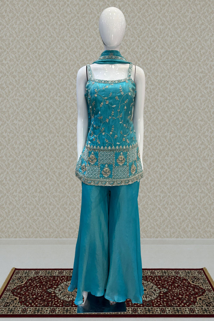 Rama Blue Beads, Zari and Sequins work Top with Flared Palazzo Set