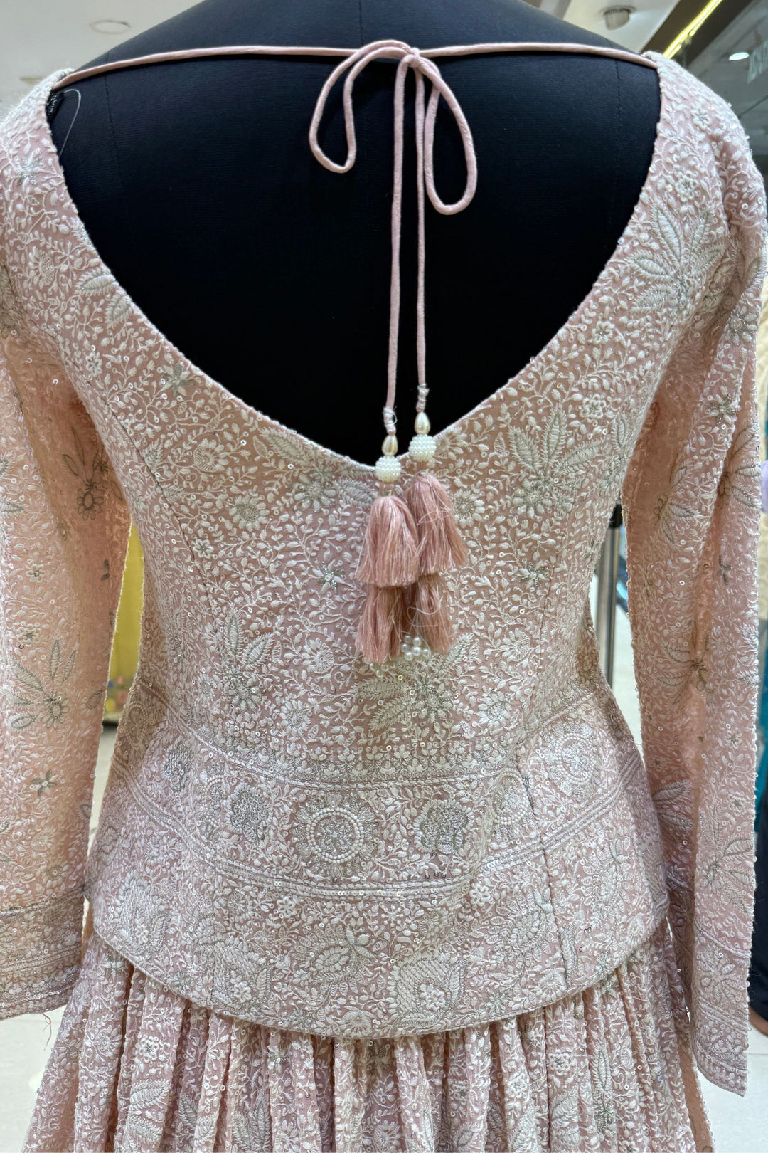 Peach Lucknowi, Sequins, Mirror, Beads and Zari work Crop Top Lehenga