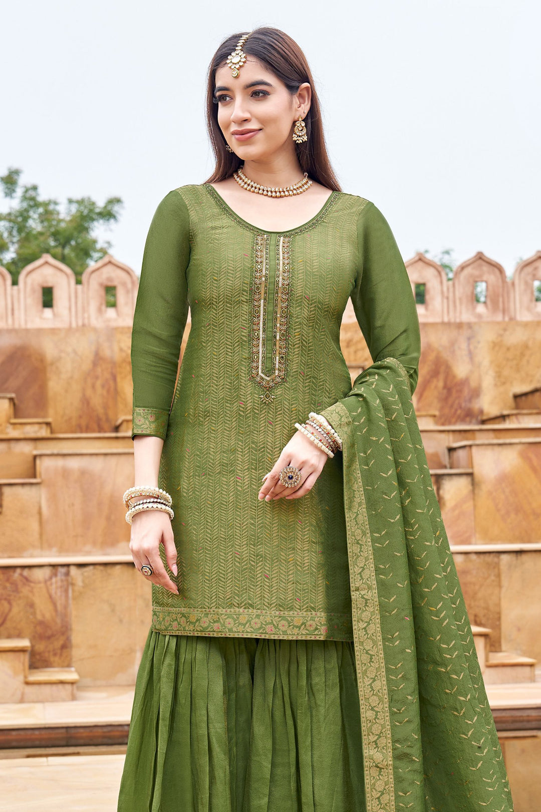 Green Mirror, Stone, Sequins, Zardozi and Brocade work Sharara Salwar Suit