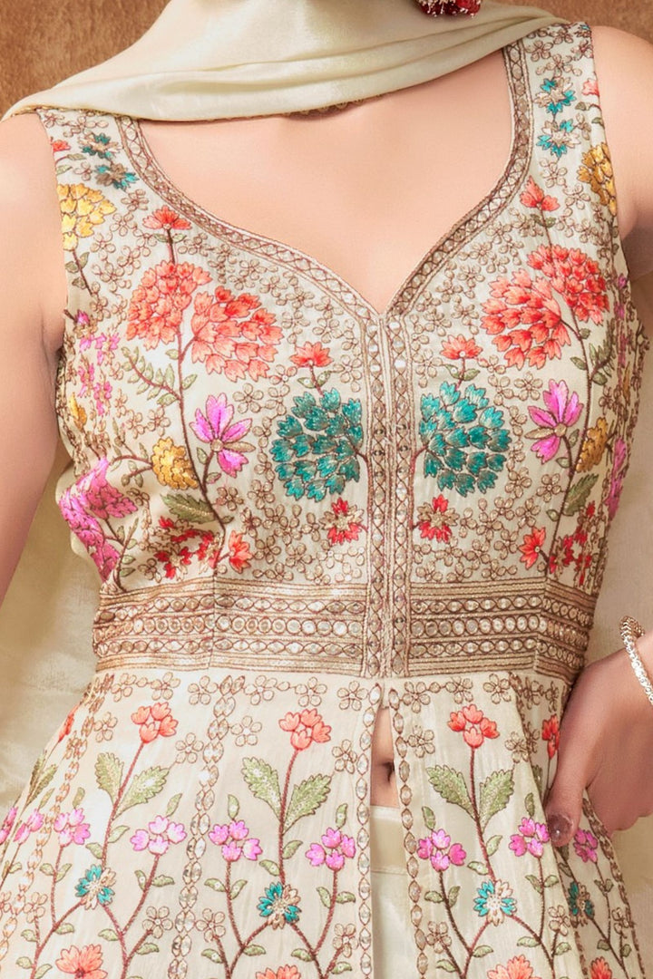 Cream Sequins and Multicolor Embroidery work Palazzo Salwar Suit