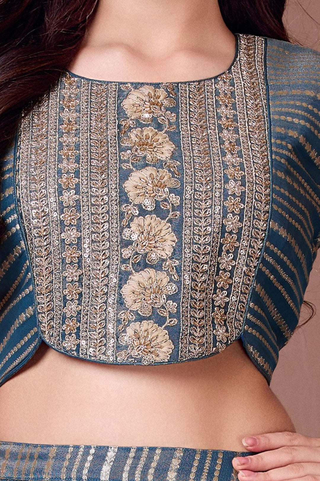 Peacock Blue Sequins, Beads, Zari and Thread work Lehenga Choli for Girls