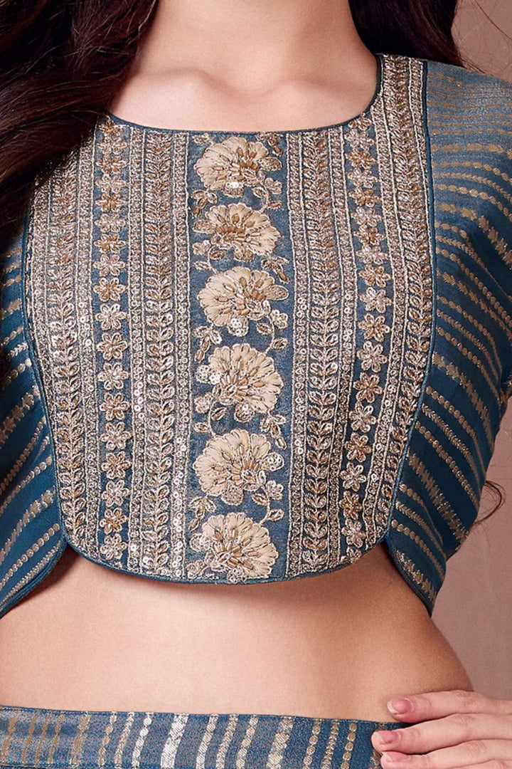 Peacock Blue Sequins, Beads, Zari and Thread work Lehenga Choli for Girls